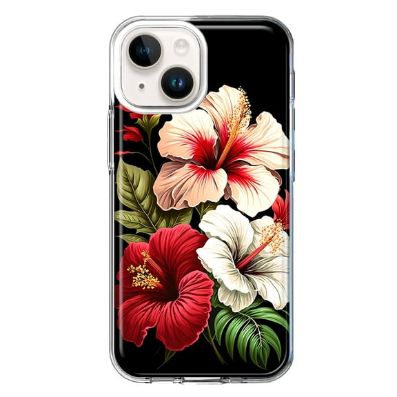 MUNDAZE Case for Apple iPhone 15 Hybrid Shockproof Slim Hard Soft TPU Shell Heavy Duty Protective Phone Cover - Pink Red Hibiscus Wild Flowers Floral