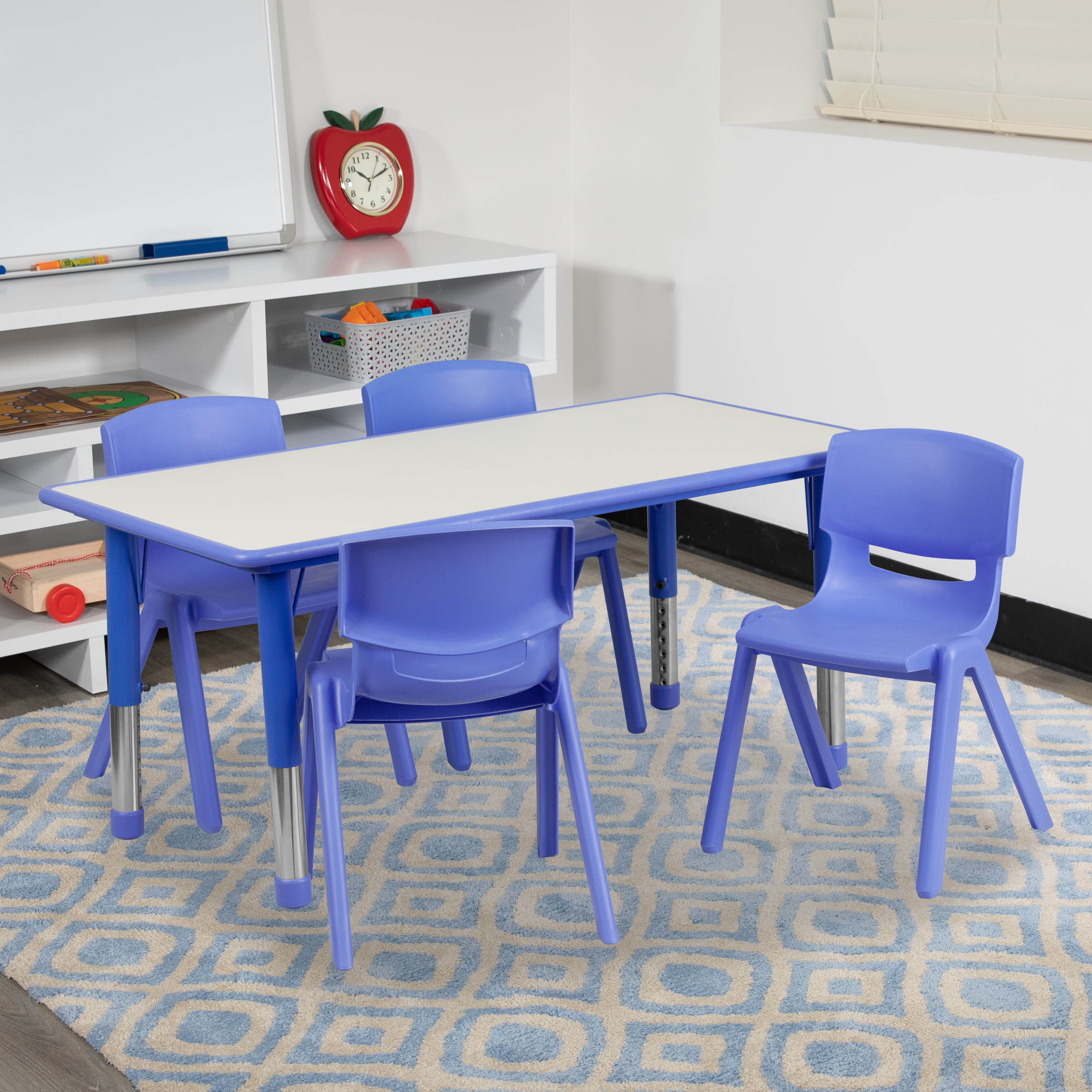 ... 45'' Round Blue Plastic Height Adjustable Activity Table Set with 4 Chairs 