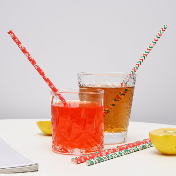 Mightlink 100 Pcs Paper Straws Diversed Food Grade Degradable Christmas Style Disposable Table Decoration Safe Snowflake Print Xmas Drinking Straw for Party