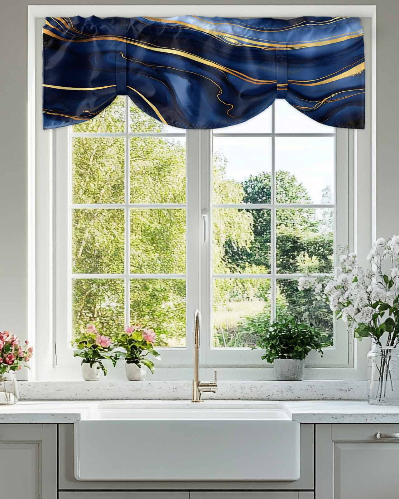Marble Texture Tie Up Valances Curtain, Adjustable Kitchen Modern Blue Golden Fluid Art Valances for Windows Decor, Rod Pocket Short Curtains Set for Bedroom/Bathroom, 60"x18"