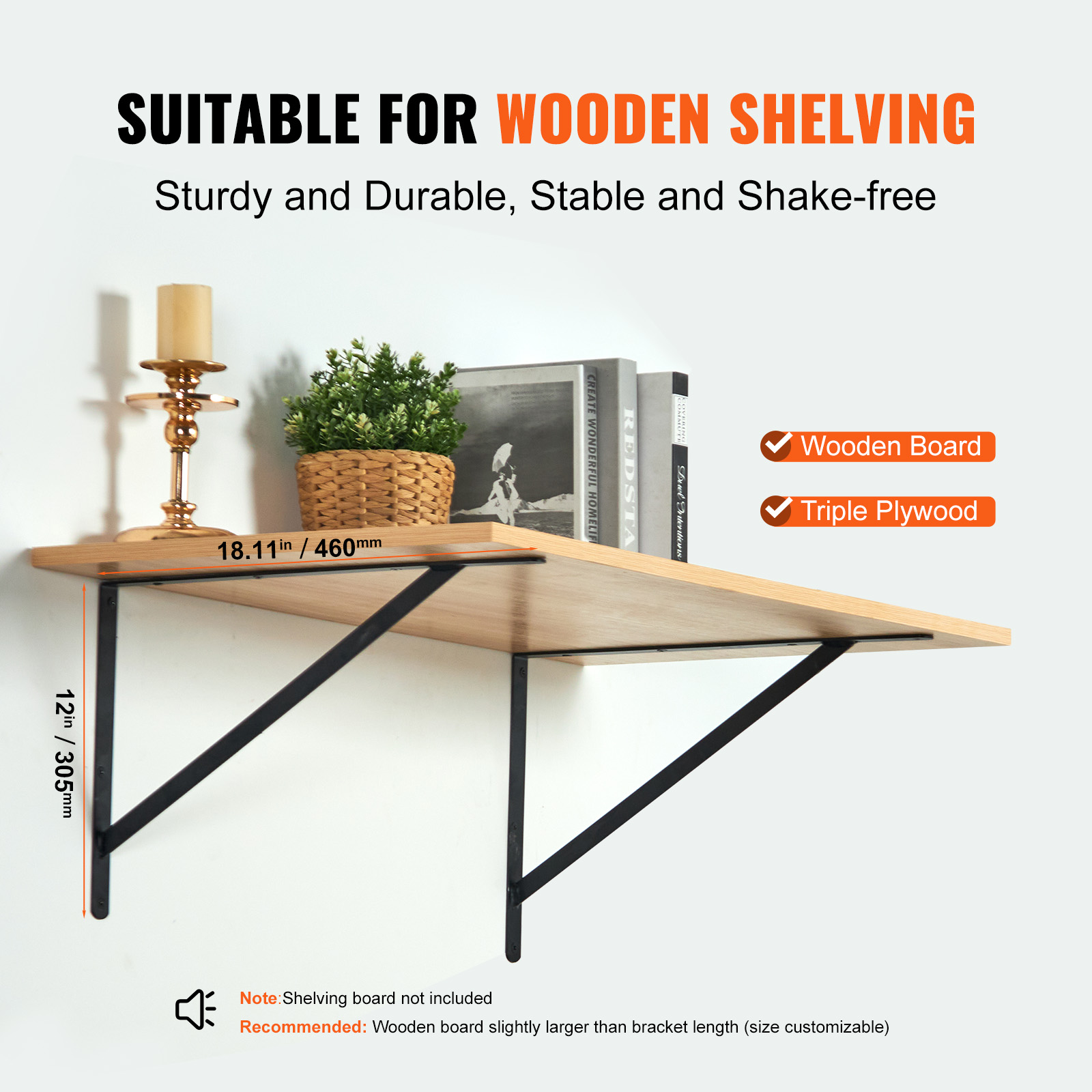 VEVOR Shelf Bracket, 18 x 12 in 12 Pcs, Heavy Duty Floating Shelf Brackets, Brackets for Shelves, 3mm Thick Matte Black Triangle Shelf Bracket,Steel Shelving Brackets with 160 lbs Load Capacity