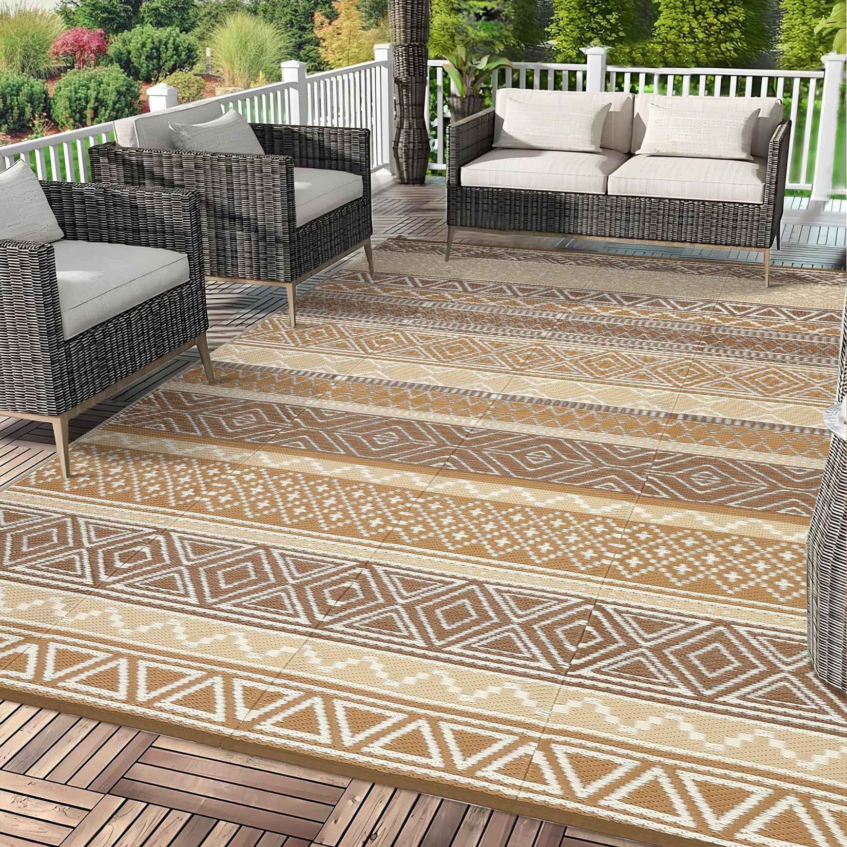 Waterproof & Reversible Outdoor Rug – Durable Patio Carpet for Camping, RV, Deck, Picnic, Porch, Backyard – Lightweight, UV & mark Resistant