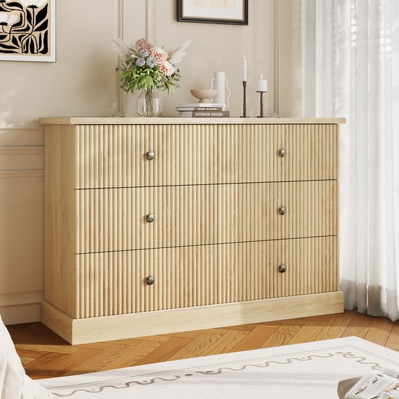 CazToi 6-Drawer Horizontal Dresser for Bedroom Small Space Chest of Drawers with Fluted Wood Panels
