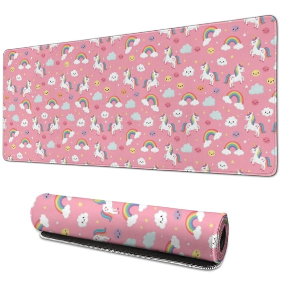 Long Mouse Pads for Desk,Pink Cartoon Unicorn Rainbow Cloud Desk Mats on Top Of Desks, Desk Mouse Pad Extra Large with 3mm Non-Slip Base and Stitched Edge for Gaming,Work,Home 31.5"x11.8"