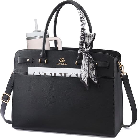 LOVEVOOK Laptop Tote Bag for Women, PU Leather Work Bag Waterproof Briefcase Handbag for Teacher Business with Silk Scarf