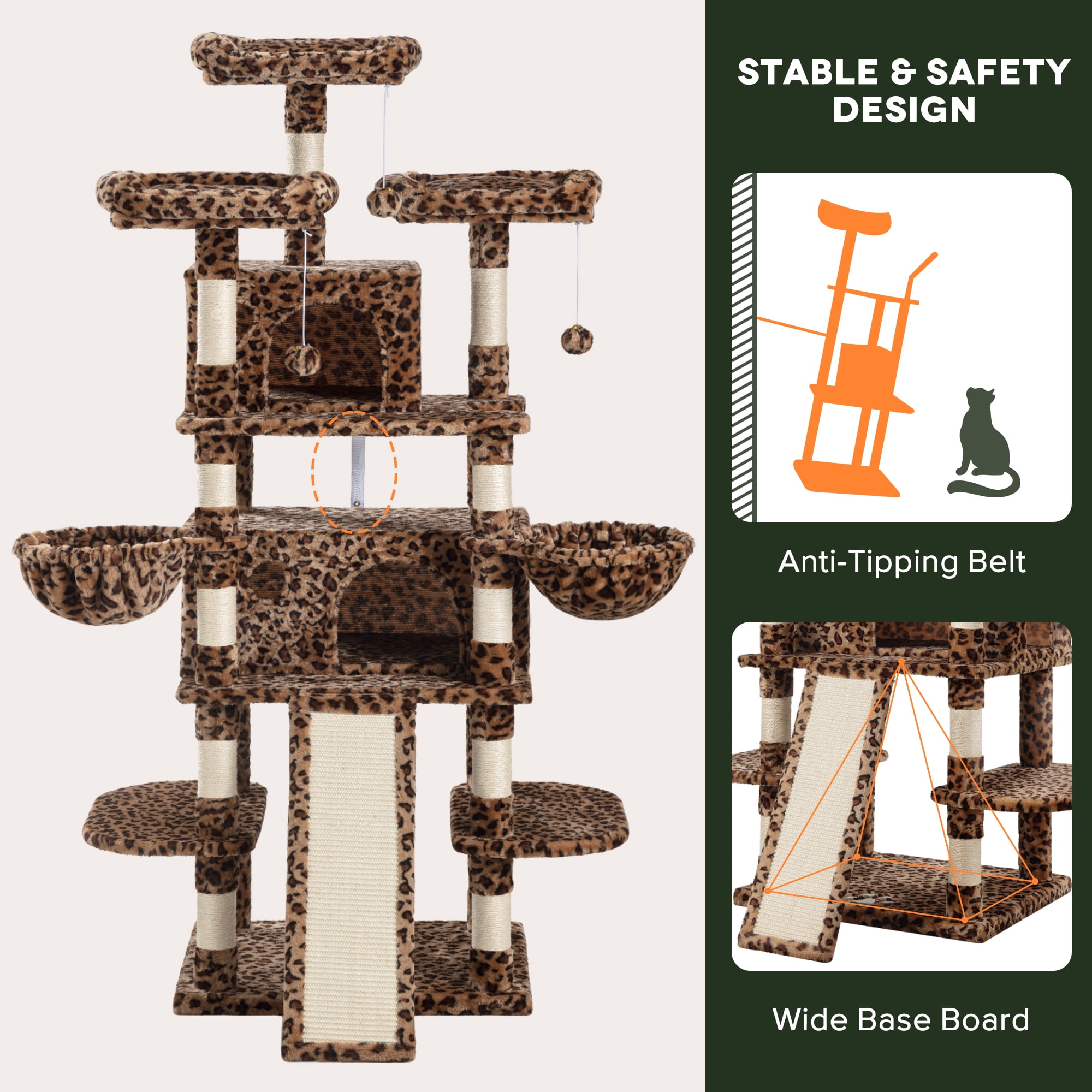 Einfach 68" X-Large Cat Tree and Tower with Condo Houses, Scratching Board & Posts for Indoor Cat, Leopard Print