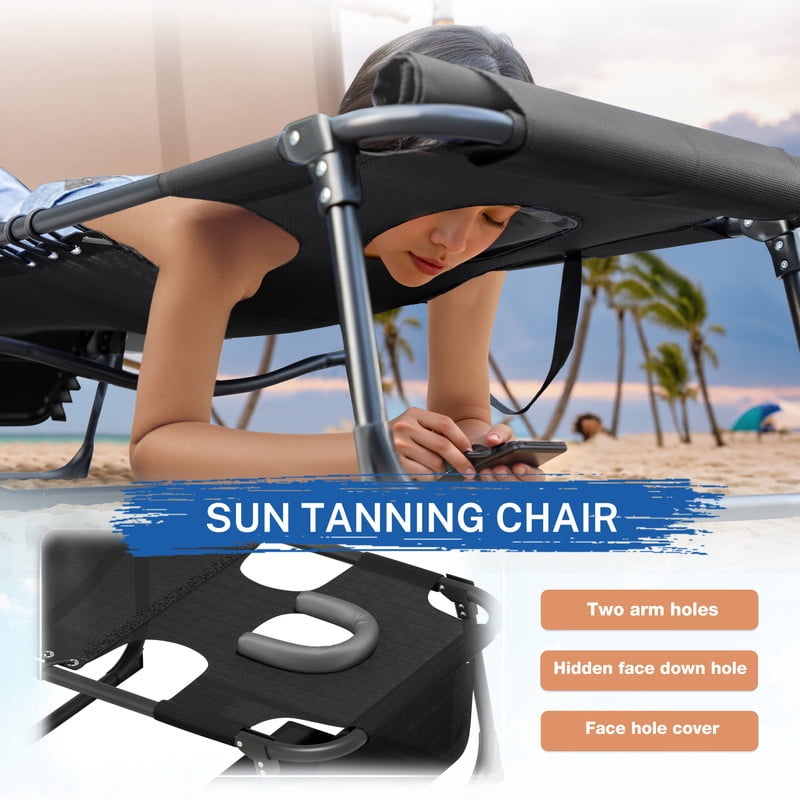 Vineego Folding Chaise Lounge Chair with Face Hole for Tanning, 5-Position Adjustable Textilene Outdoor Sunbathing Chair, Face Down Patio Pool Lounge Chair with Side Pocket & Pillow, Black