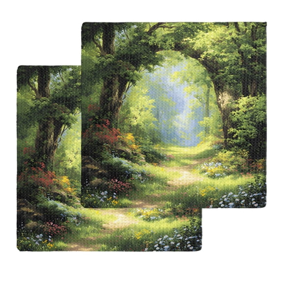 Forest Kitchen Dish Towels for Drying Dishes Set of 2, Nature Woodland Spring Scenic Green Trees Flower Waffle Weave Microfiber Hand Tea Bathroom Towels Quick Dry & Absorbent Towel 12x12