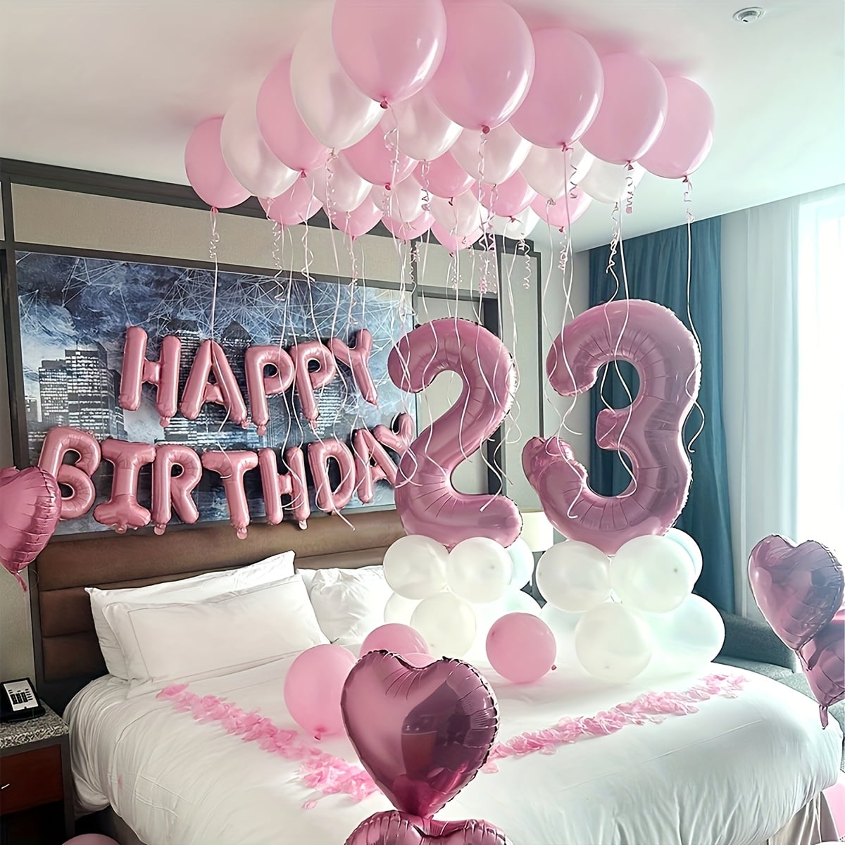 53pcs Pink and White Birthday Balloon Set - Pink Heart-Shaped Latex Balloons with "Happy Birthday" Letter Balloons,Aluminum Film Balloons for Birthday Parties
