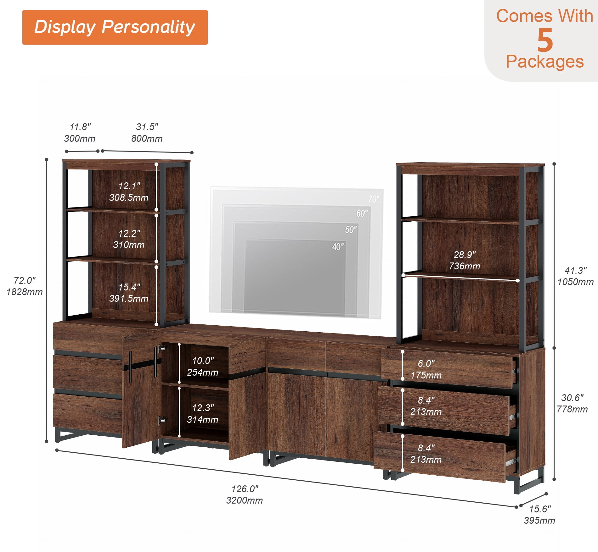 WAMPAT Modern Farmhouse TV Stand with 3-Tier Open Bookshelf, 2 Storage Cabinets & 6 Drawers, Wooden Media Console with Black Metal Legs for Living Room, Brown