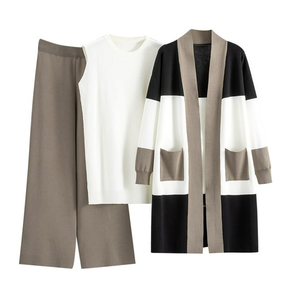 Women's 3 Piece Outfits Knit Matching Lounge Sets Long Sleeve Cardigans & Neck Sweater Vest & Wide Leg Pants