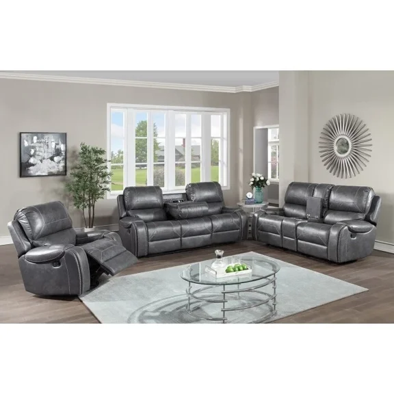 Gray Faux Leather Manual Reclining 3Pc Sofa Set w/ USB Ports, 2 PowerOutlet, Storage Console, Modern Living Room Set