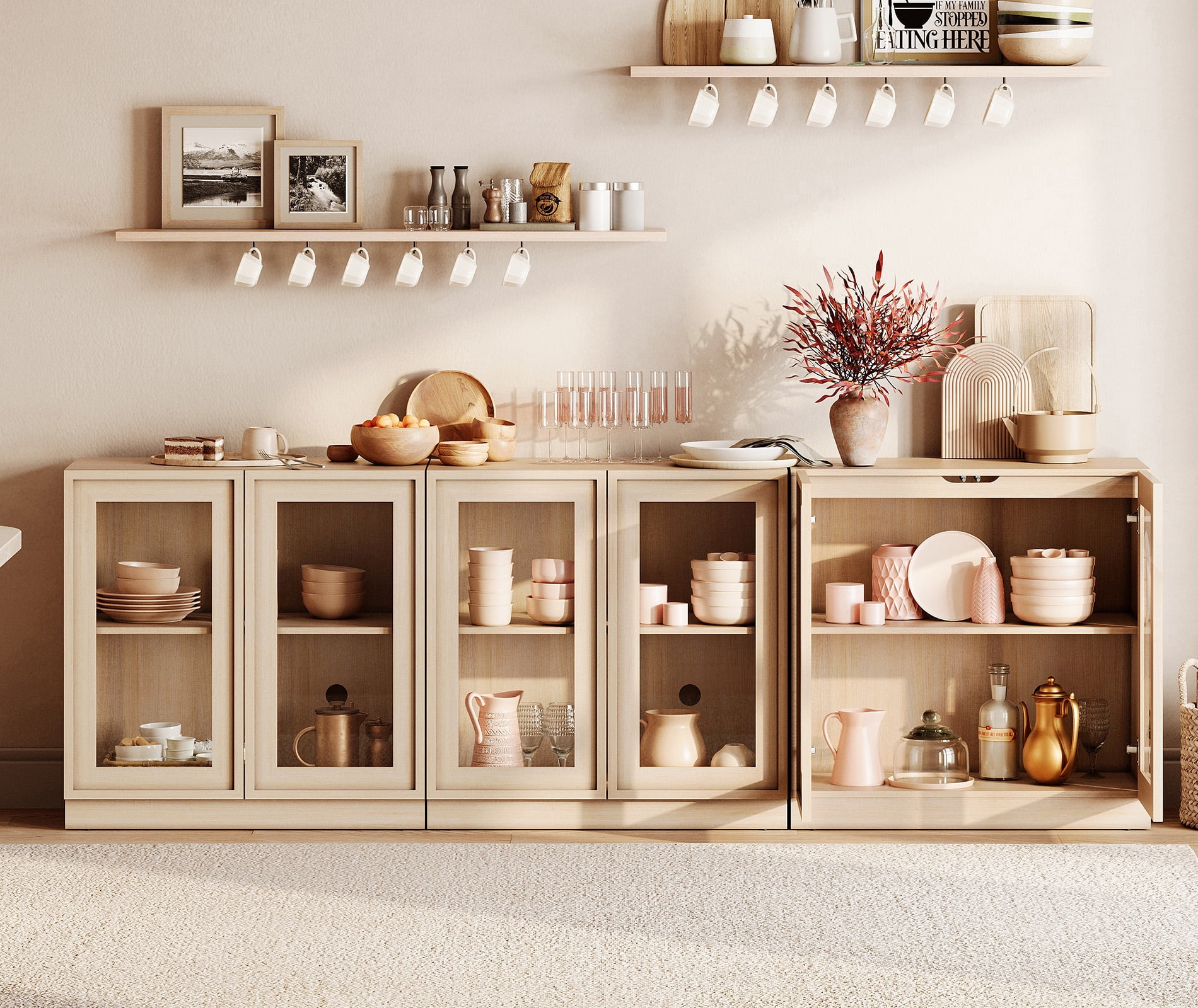 94.5" Modern Sideboard Buffet Cabinet with 6 Glass Doors, Multifunctional Sideboard with Large Storage and Adjustable Shelf, Beige