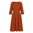 thumbnail image 5 of Summer Dresses for Women 2026 Round Neck 3/4 Rolled Cuff Elastic Waist Pleated Back Zipper Flowy A Line Casual Midi Dress for Daily Beach, 5 of 6
