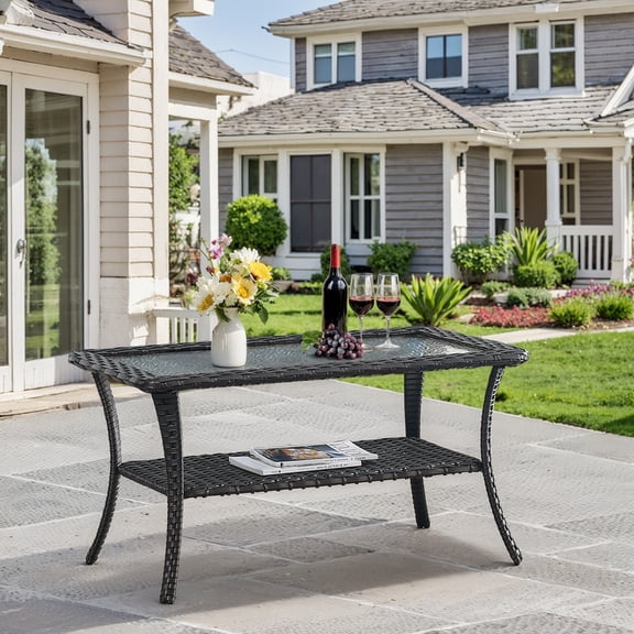Unnifurnzi Outdoor Coffee Table-Patio Wicker Coffee Table with Tempered Glass Top and 2-Tier Storage Outdoor Table for Deck Porch Balcony Garden-Brown