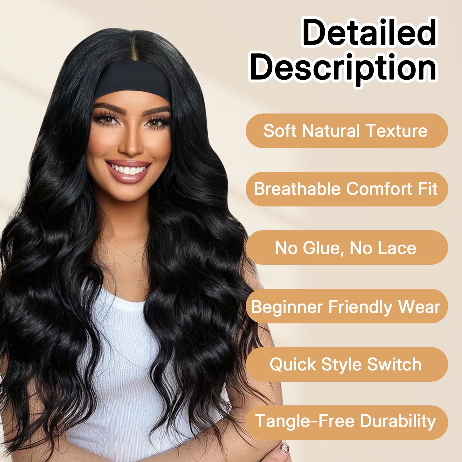 Phocas Long Black Headband Wig for Women，20inch Synthetic Realistic Wavy Wig no Bangs