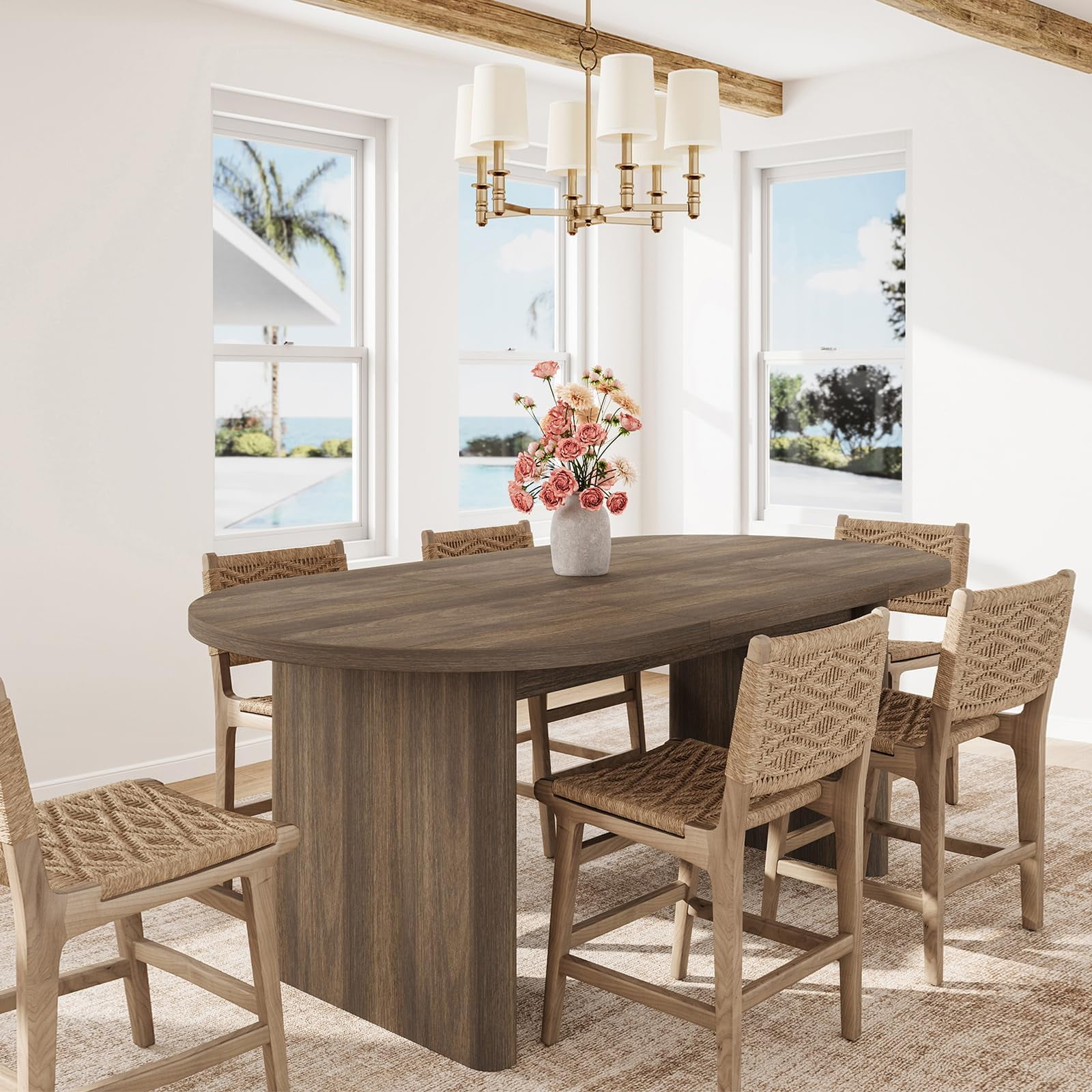 Large Modern Farmhouse Oval Dining Table for 6-8 Sturdy Wooden Pedestal Base Water Resistant Easy Assembly Perfect for Living Room Office Apartment (63 Long Brown)