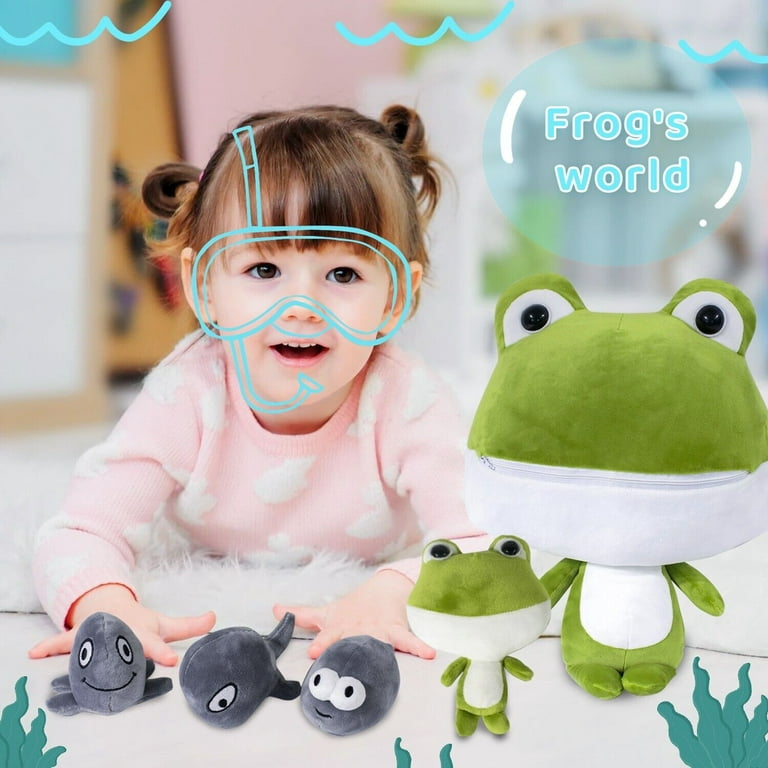 Ufehaho Giant Frog Stuffed Animal 1 pc Big Mommy Stuffed Frog with 3 pcs  Baby Tadpole Plush Toys with 1 pc Small Frog Inside with Zipper Tummy Large
