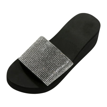 

ZIZOCWA Summer Women Wedges Slippers Fashion Thick Bottom Rhinestone Outer Wear Beach Slippers Outside Home Indoor Flatform Slides Sandals Silver Size8