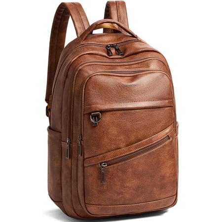 43L Backpack for Women Men - Vegan Leather Backpack Purse Travel Carry-on Bag College Bookbag Work fits 17" Laptop, Brown