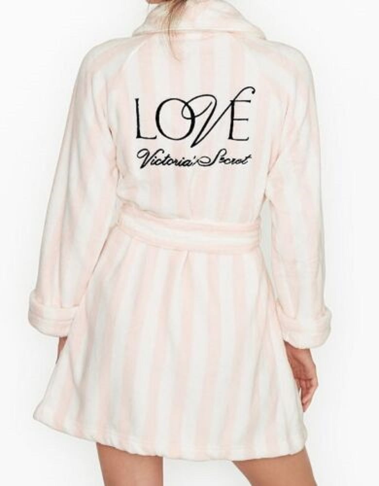 Victoria's Secret Cozy Short Plush Robe Pink White Striped Love Logo M
