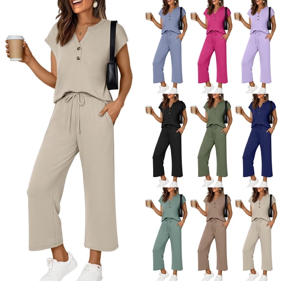 Women's Lounge Sets 2 Piece Travel Outfits Airport Tracksuit Wide Leg Loungewear Green M