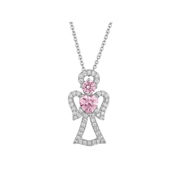 Sterling Silver-Plated Simulated Pink Sapphire with CZ Accents Angel Pendant, 18