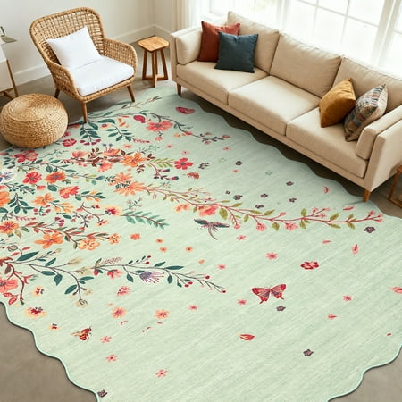 Assaile Traditional Falling Flowers Green 8'x10' Area Rug for Living Room Bedroom， Washable Low-Pile Rug with Non-Slip Backing