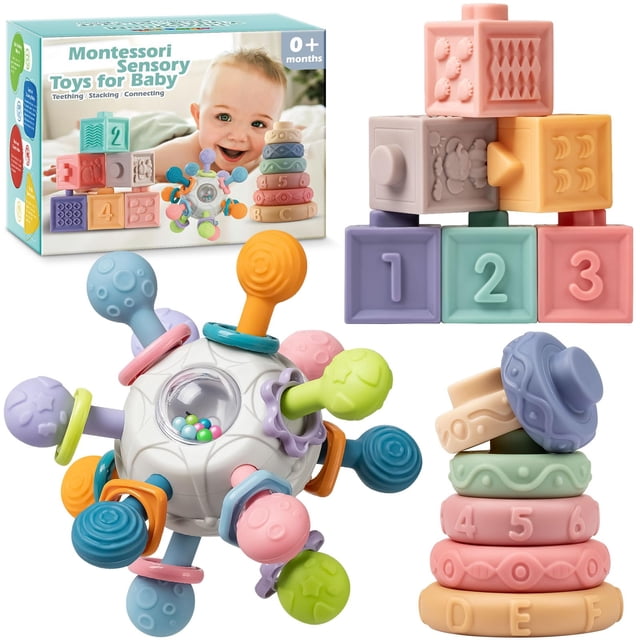 Juego de juguetes sensoriales para la dentición Juyusmile Baby de 6 a 12 meses con sonajero