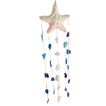 Starfish Seashell & Sea Glass Hanging Wall Art, Natural Coastal Blue Sea Glass Sun Catcher
