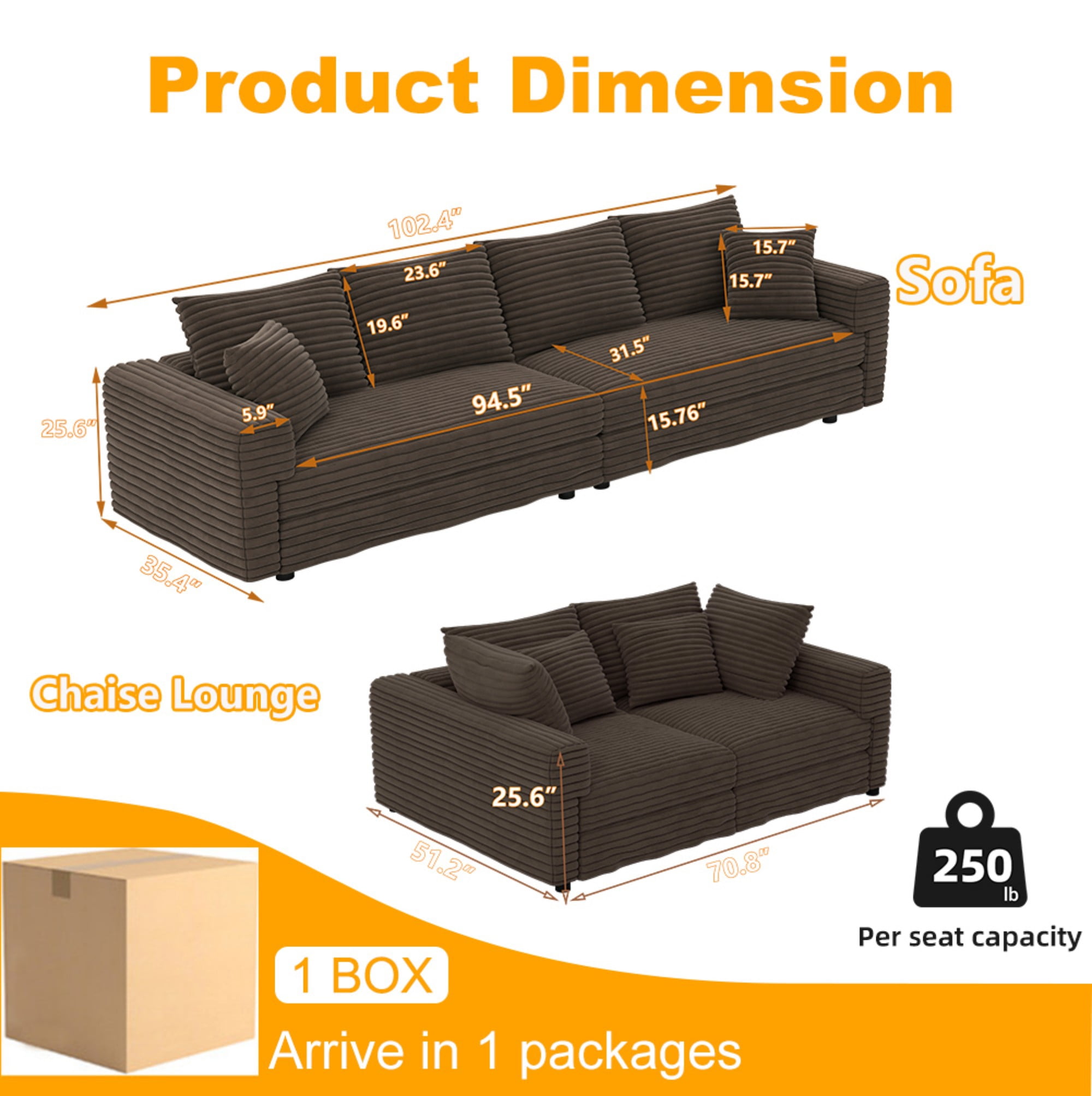 102.4 " Modern Sectional Sofa Couch,Convertible Sofa Plush Corduroy 4-Seat Upholstered Sofa with Soft Pillows for Living Room Bedroom,Camel
