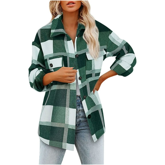 Jacket For Women Flannel Plaid Long Sleeve Lapel Button Down Shirts Fall Coat with Pockets Green L