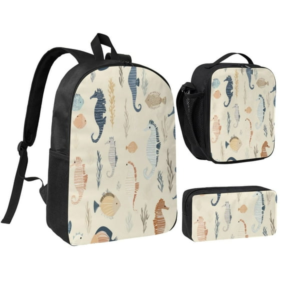 Cute Seahorse Backpack 17 Inch Set with Lunch Bag and CaseDurableTravel Bag Combo for Work Commuting Daily Use