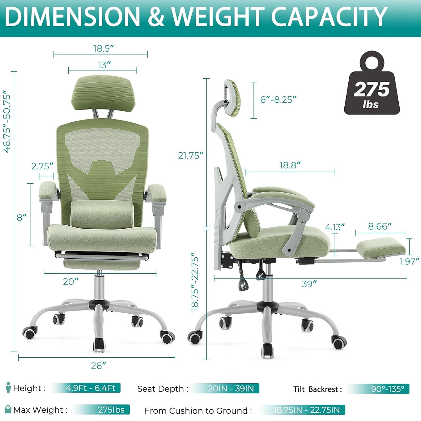 Casabay Ergonomic Home Office Desk Chair, High Back Mesh Reclining Swivel Chair with Footrest & Armrest for Back Pain Relief, Green