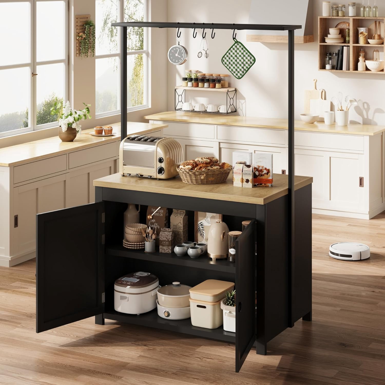 42" Kitchen Island with Storage, Multi-Functional Island Table with 2-Tier Shelves, Kitchen Counter with 5 Hooks for Kitchen, Dining Room