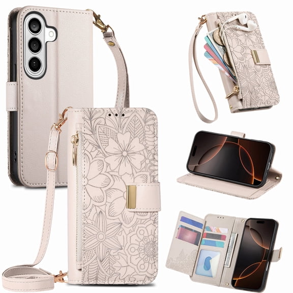Decase Fashion PU Leather Wallet Case for Samsung Galaxy S26,Shockproof Magnetic Buckle Hybrid Cover with Zipper Pocket Credit Card Slot Cash Slot Wrist Strap Lanyard,Beige