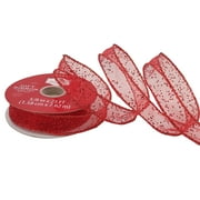 Holiday Time Gift Wrap Ribbon, Red Sheer with Red Glitter, 5/8"/25'