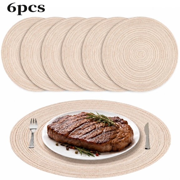 Table Placemats,Round Braided Placemats Set of 6 Non Slip Heat Resistant Cotton Polyester Table Mats Washable Place Mats for Dinner Party Table Decoration (Beige, 11.81 inch)