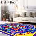 thumbnail image 2 of ODIKA 4'x6' Machine Washable Non-Slip Area Rug, Playful Crochet Football Patchwork with Starburst and Scrollwork Accents High Traffic Rug with Pad, Blue, 648008, 2 of 8
