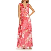 Adrianna Papell V- Neck Cap Sleeves Back Zipper Long Chiffon Dress-PINK MULTI / 18