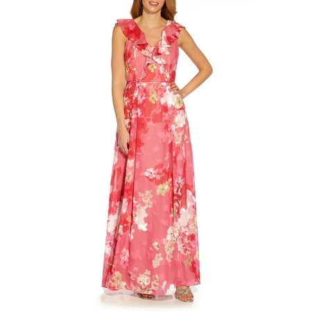 Adrianna Papell V- Neck Cap Sleeves Back Zipper Long Chiffon Dress-PINK MULTI / 18