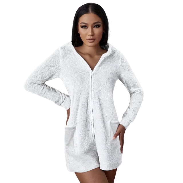 Ovingeta Combinaison Oreilles pour Femmes Double Polaire Mignonne Robe Pyjama Moelleux à Fermeture Éclair Vêtements de Nuit Doux Chaud Pyjama Robe de Nuit d'Hiver