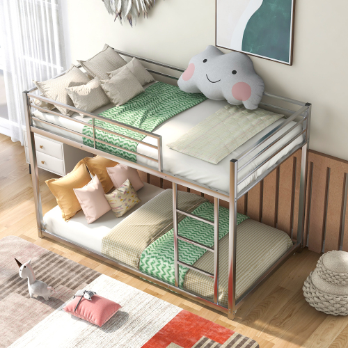 JINS & VICO Twin Over Twin Metal Bunk Bed, Heavy Duty Low Bunk Bed with