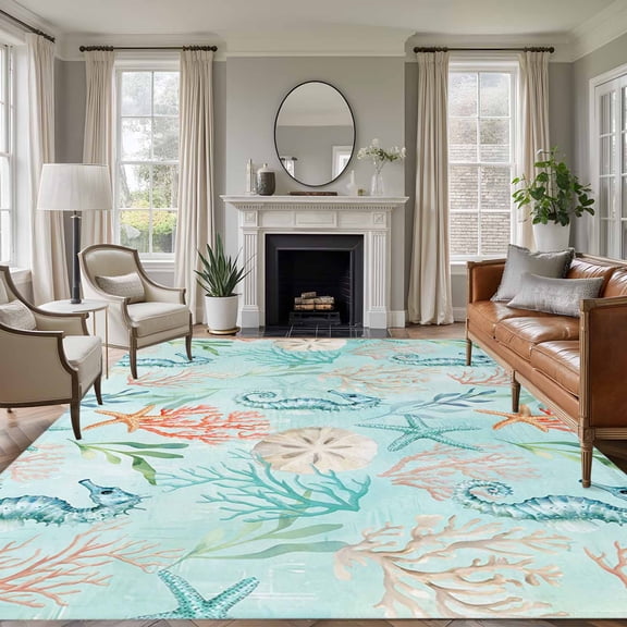 Large Area Rugs for Living Room Bedroom, Teal Red Coastal 5'x8' Rug Washable Carpet Runner Indoor Outdoor, Nautical Seahorse Beach Coral Starfish Non Slip Floor Mats Rug for Kitchen, Bathroom