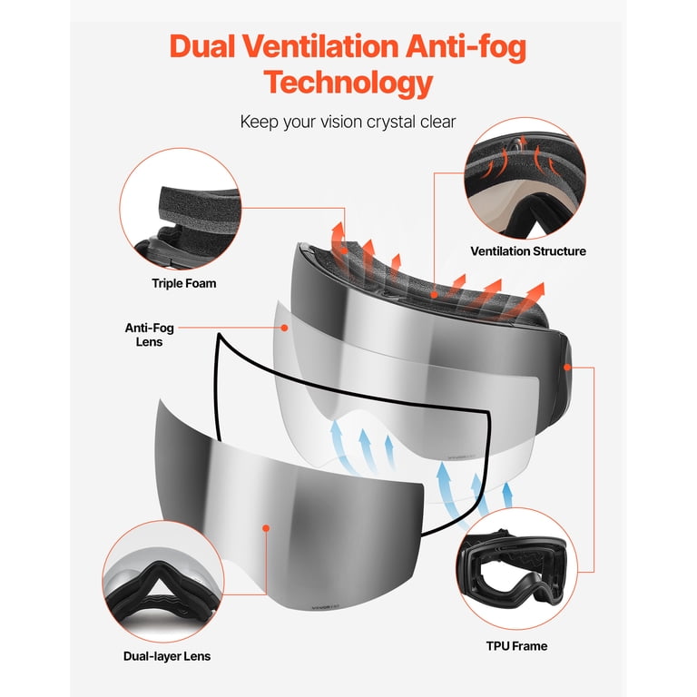 VEVOR Frameless Ski Goggles, Spherical Lens with Silver 