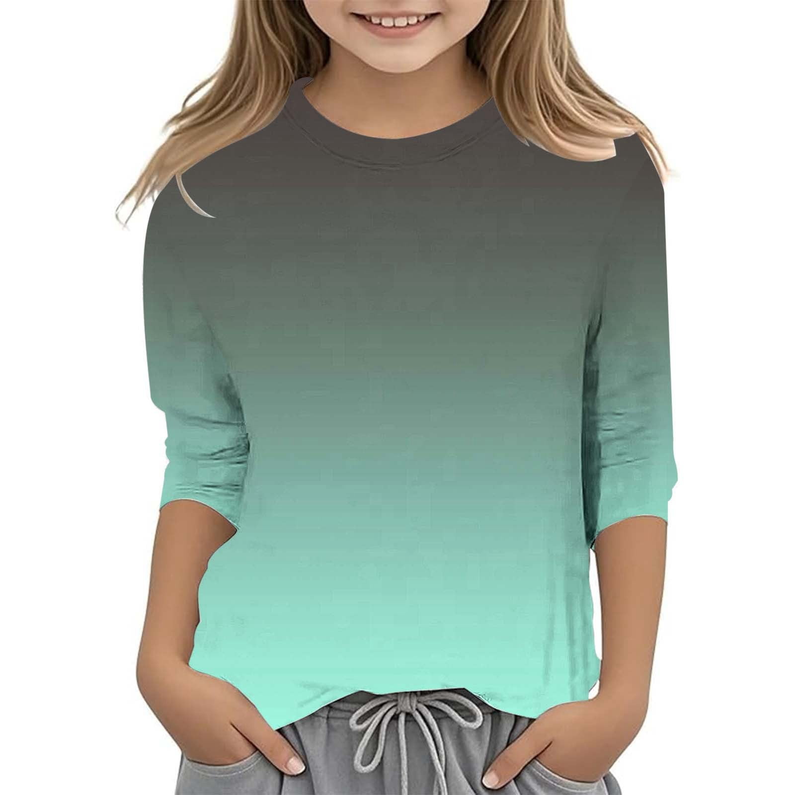 WEIYLL T-Shirts pour Filles Dégradé Imprimé Polyvalent Col Rond Manches 3/4 Décontracté Enfant Tee Tops pour 13-14 Ans