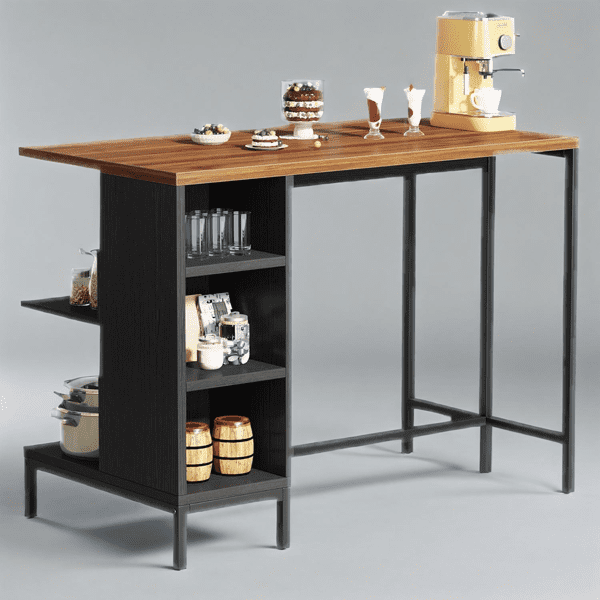 Kitchen Island with 5 Open Shelves - Rustic Walnut Grain Top, Matte Black Steel Frame, Versatile Storage for Small Spaces