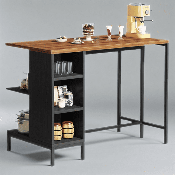 Kitchen Island Table w/ 5 Open Shelves & Walnut Top - Freestanding Prep Station w/ Adjustable Feet for Small Spaces, Rustic Storage Solution