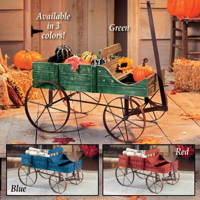 Wood Wagon Decorative Wheel Planter Garden Flower Plant Pot Outdoor Decor Com Wood Wagon Decorative Wheel Planter, Decorative Garden Cart Planters