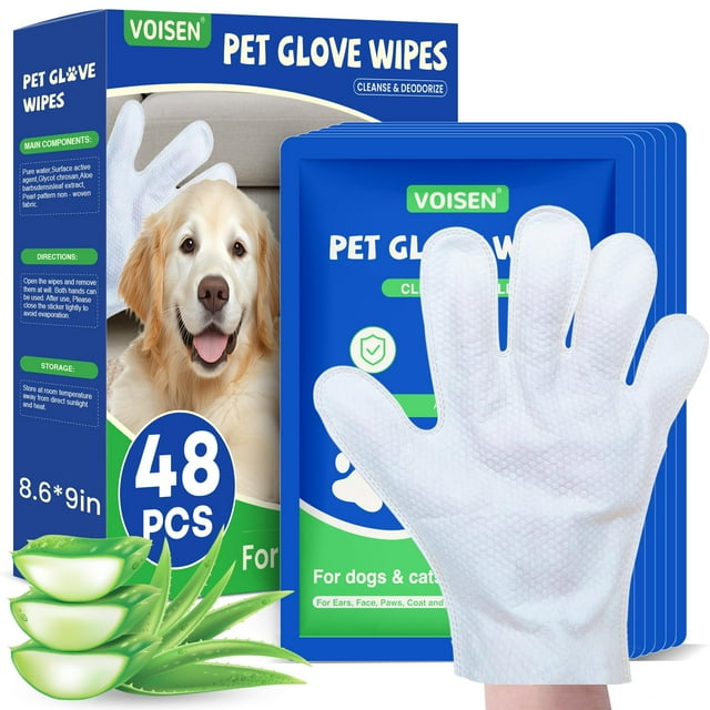 Toallitas en guante para mascotas VOISEN 48 piezas, guantes gruesos nutritivos